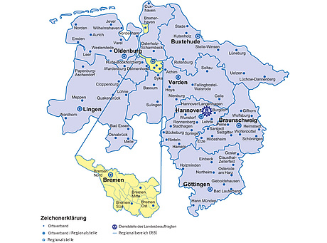 Karte des THW-Landesverbands Bremen-Niedersachsen mit allen Standorten. Die Grenzen der Regionalbereiche sind eingezeichnet und die Arten der Standorte (Ortsverband, Regionalstelle, Dienststelle des/der Landesbeauftragten)