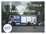THW-Plakat: Eine THW-Helferin weist einen Gerätekraftwagen beim Parken ein. Dazu der Schriftzug "Familienkutsche", das THW-Logo und dem Aufruf "Bring deine Stärken ein! Ehrenamtlich im THW"